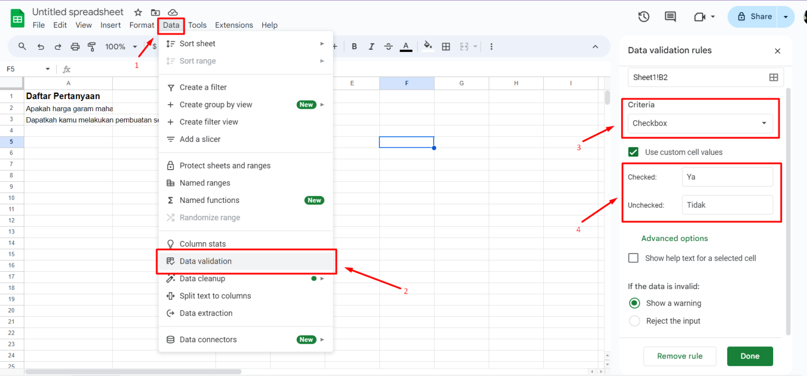 Membuat Ceklis Kotak Centang Checkbox Di Google Spreadsheet