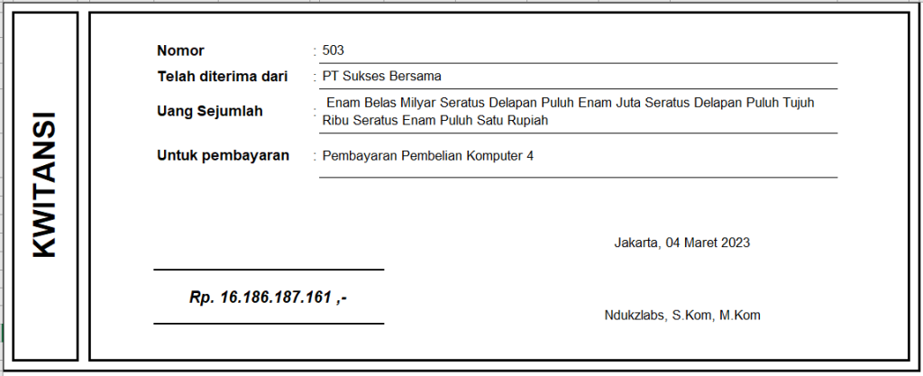 Program template kwitansi excel yang bisa kamu pakai secara mudah. Kamu dapat dengan bebas melakukan modifikasi sesuai kebutuhanmu.