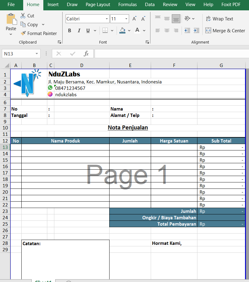 Template Nota Penjualan Gratis Excel