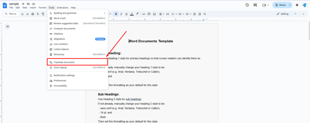 terjemahan otomatis  di google drive