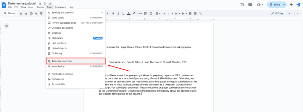 cara translate di google docs