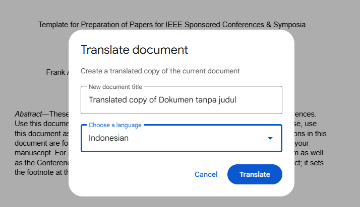 pilih hasil translate di google docs