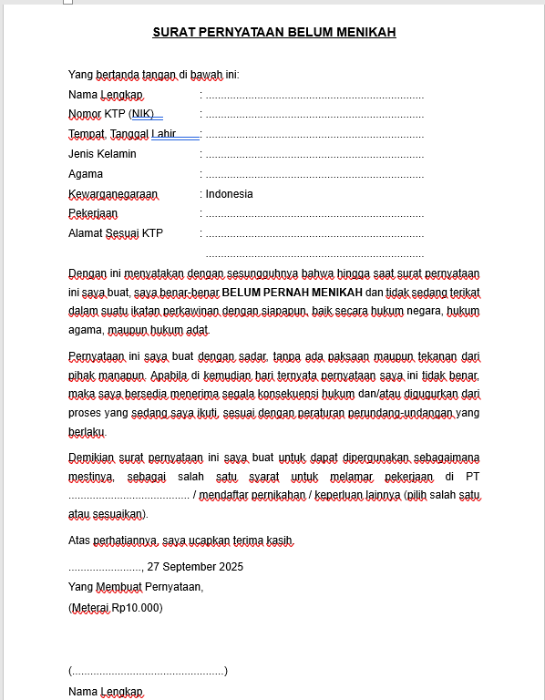 Surat Pernyataan Belum Menikah untuk melamar pekerjaan